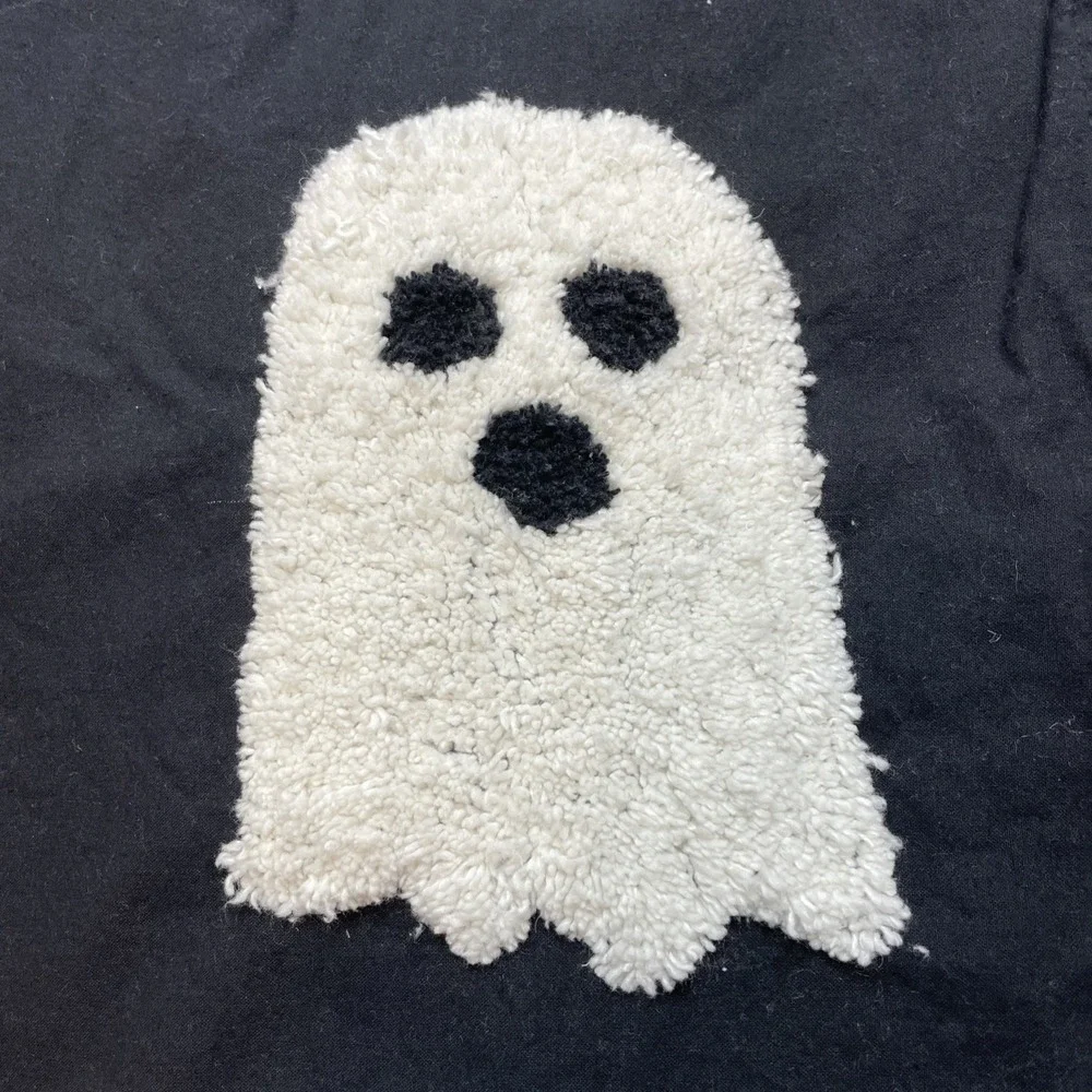 Chenille Ghosts Halloween Shower Curtain 69.5x72 Black Ivory Fringe Spooky